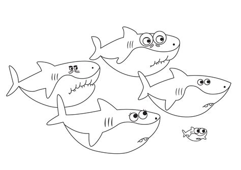 Familia de Tiburones Bebés con Peces Nadando para colorear, imprimir e dibujar –ColoringOnly.Com