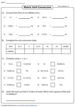 Convert between Milliliter and Liter Worksheets