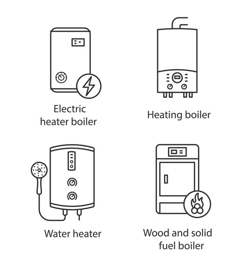 Heating linear icons set. Electric boiler, gas and electric tankless ...