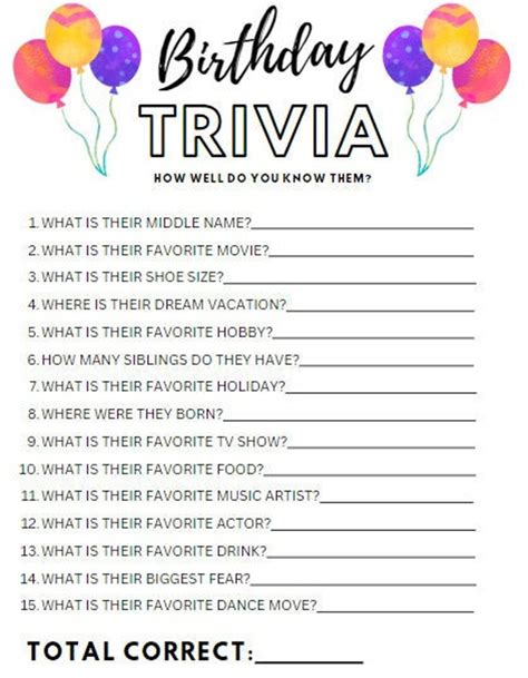 Printable Birthday Party Trivia Game Conversation Starter Party Starter Questions EASY Instant ...