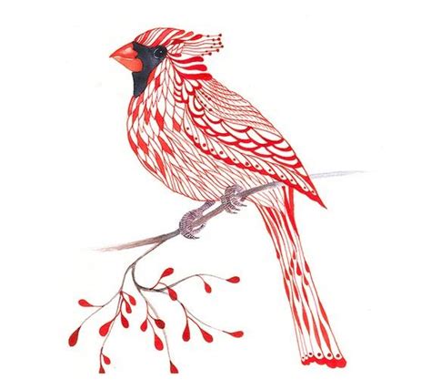 Cardinal Bird, lacy cardinal on branch art print, size 8'x10'/A4 (No. 1) | Bird drawings, Red ...