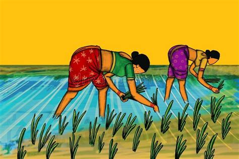 Women are working in the paddy fields. Indian artist created this rural ...