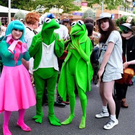 kermit the frog cosplayers at a cosplay meet up in a | Stable Diffusion