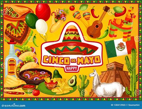 Mexican Holiday, Happy Cinco De Mayo Greetings Stock Vector - Illustration of mole, bunting ...