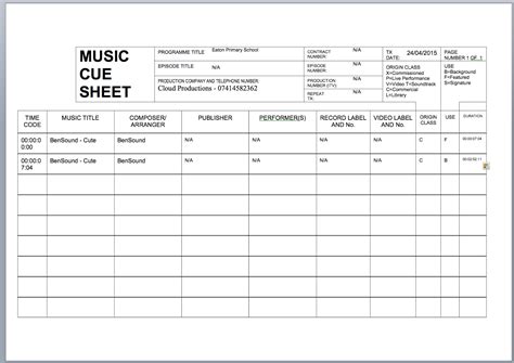 Music Cue Sheet Template