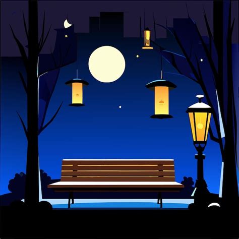 Premium Vector | Night scene with wooden bench and tall lamp with ...
