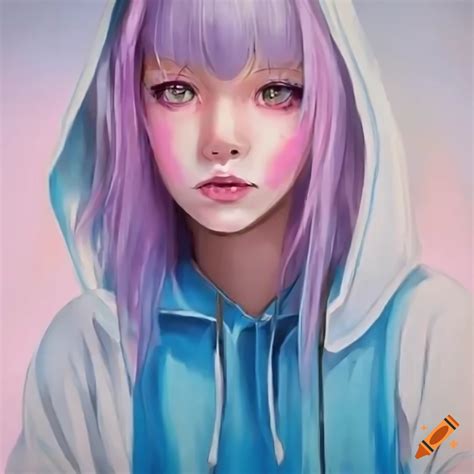 Illustration of an anime girl with light purple hair and pink skin on Craiyon