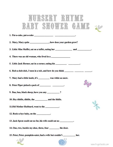 Answer Sheet Nursery Rhyme Game Answers Shower Baby Game Nur