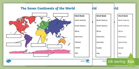 The Seven Continents Labelling Activity Worksheet - Twinkl