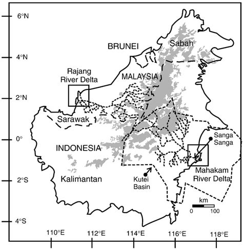 Outline map of the island of Borneo on which the Rajang River Delta,... | Download Scientific ...