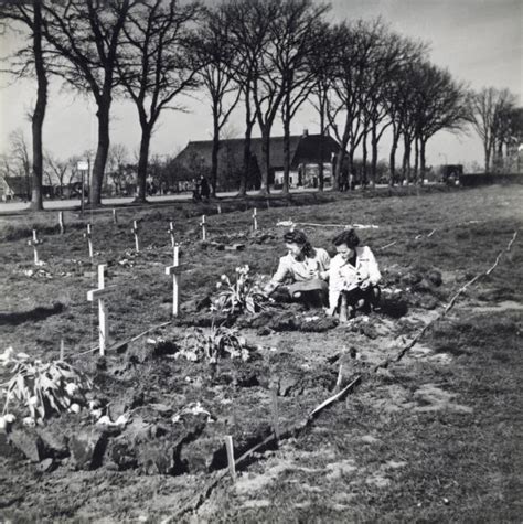 Dutch girls laying flowers on the graves of a temporary graveyard for ...