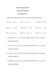 Worksheet _6 - Pythagorean Identities.pdf - Precalculus Honors Practice Problems Worksheet #6 1 ...