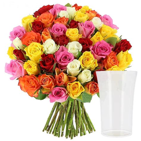 Livraison roses multicolores + vase offert - 25 roses - Bouquet de roses - Foliflora