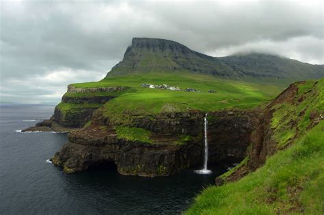 Download Coast Cloud Village Waterfall Scandinavia Denmark Faroe Islands Man Made Gásadalur 4k ...