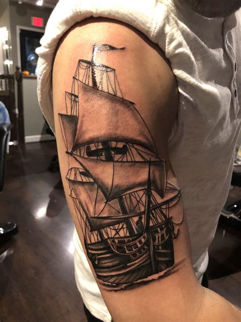 My first tattoo. Sailing ship by Kristen Goetz at Palo Santo Sayville, Long Island. : r/tattoos