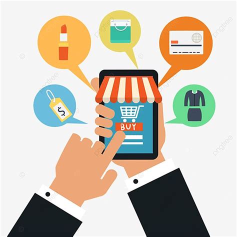 a hand holding a tablet with icons above it and an image of a shopping cart on the screen