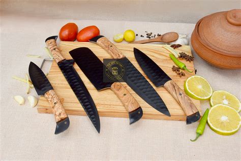 Hand Forged Chef Knife Set , Steel Kitchen Knives, Cleaver Anniversary ...