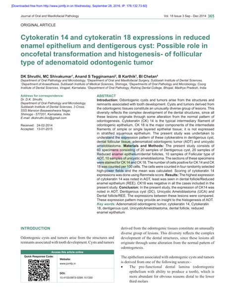 (PDF) Cytokeratin 14 and cytokeratin 18 expressions in reduced enamel epithelium and dentigerous ...