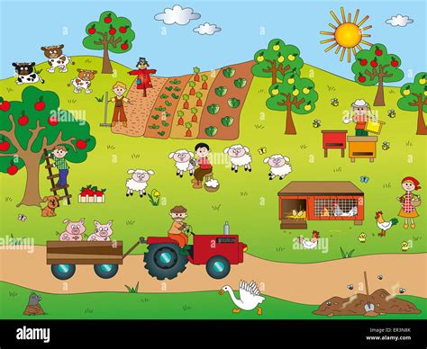 illustration of country landscape with farm animals Stock Photo - Alamy