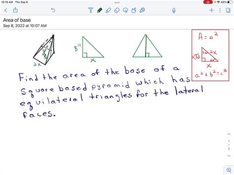 SOLVED: Find the area of the base of a regular square pyramid whose ...