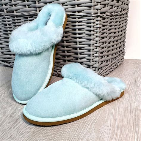 Comfy Blue Fluffy Sheepskin Mule Slippers for Women: Jacobs & Dalton