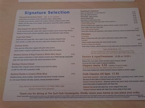 Menu at Coolangatta Surf Club, Coolangatta