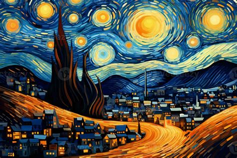 A Painting of a Starry Night with the Sky and Full Moon over the Town. Parody on Vincent Van ...