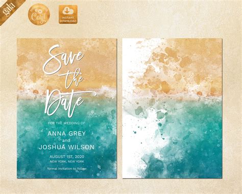 Gold Beach Wedding Invitation Template Ocean Save The Date | Etsy in 2020 | Beach theme wedding ...