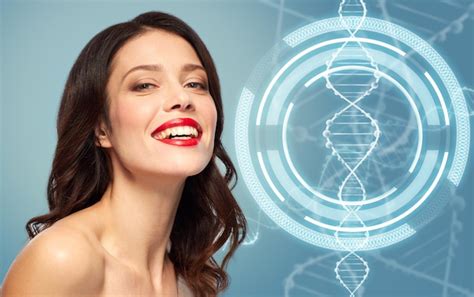 Premium Photo | Woman with red lipstick over dna molecule