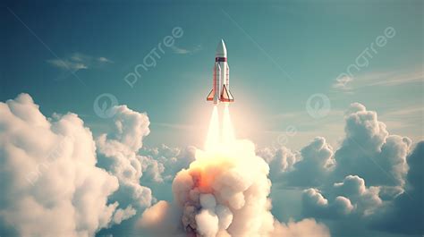 Rocket Launch In Space Is Shown In The Clouds Background, 3d Illustration Rocket Flying Over ...