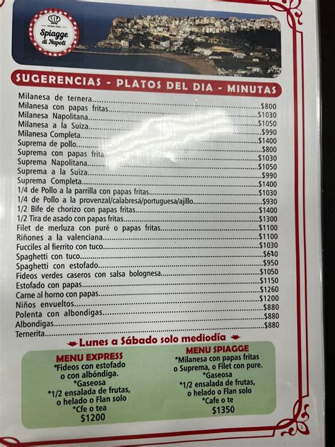 Menu at Spiagge Di Napoli restaurant, Buenos Aires