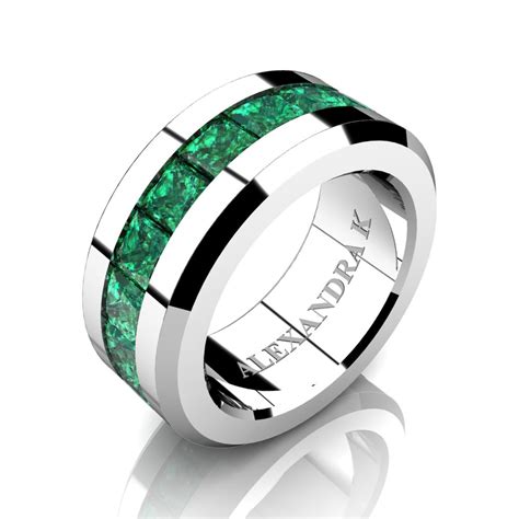 Mens Modern 14K White Gold Princess Emerald Channel Cluster Wedding ...