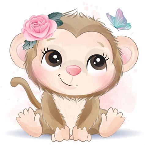 Cute Little Monkey With Watercolor Effect | Cute drawings, Cute animal ...