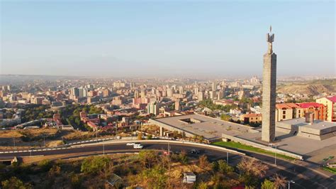 Aerial static wide Yerevan city center panorama view from cascade ...