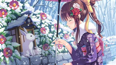 HD wallpaper: anime, girl, beauty, winter, rabbits, snow, 4k ...