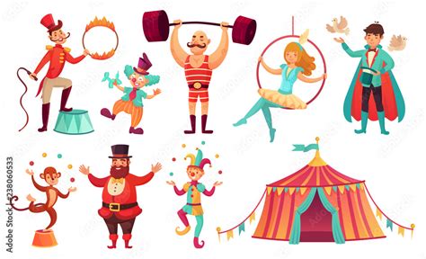 Circus characters. Juggling animals, juggler artist clown and strongman performer. Cartoon ...