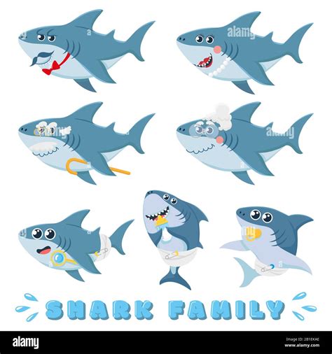 Cartoon sharks family. Newborn baby shark, comic marine father and cheerful mother sharks ...