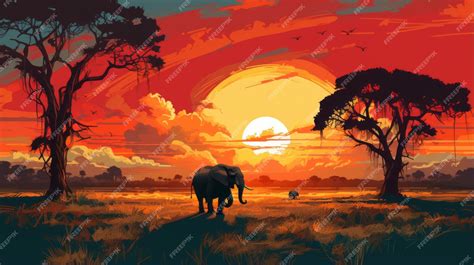 Premium AI Image | vector art of Color sunset scene African landscape ...