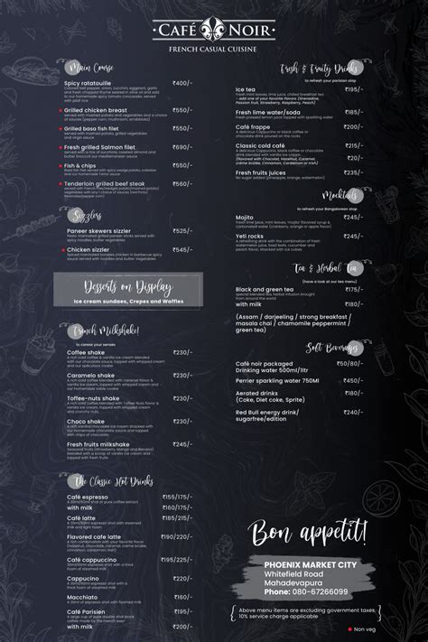 Cafe Noir Menu, Menu for Cafe Noir, Phoenix Market City Mall, Whitefield, Bengaluru