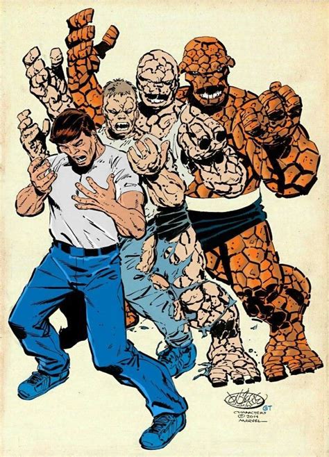 an old comic book cover with the thing - man being chased by other characters