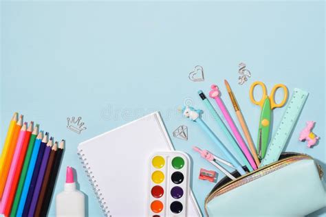 Background with Stationery at the Bottom on Blue. Back To School Stock ...