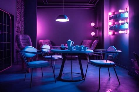 Premium Photo | Neon coffee shop with coffee and table