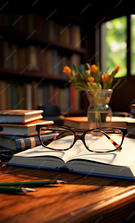 Premium Photo | A wooden desk hosts a neat stack of books and reading ...