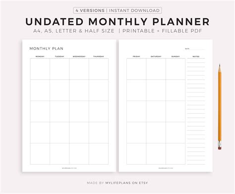 Undated Monthly Planner Printable Month on Two Pages Month - Etsy