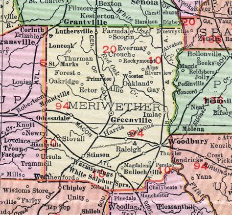 Meriwether County, Georgia, 1911, Map, Greenville, Woodbury, Warm ...