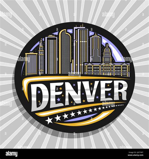 Vector logo for Denver, black decorative label with line illustration of american denver city ...