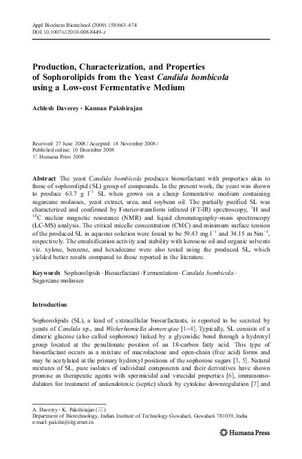 (PDF) Production, Characterization, and Properties of Sophorolipids from the Yeast Candida ...