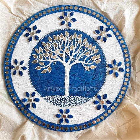 Lippan Mud Mirror Art on Textured Round MDF Board With Tree of Life Painting and Mirror Work ...