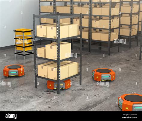 Orange robot carrying pallet with goods in modern warehouse. Modern delivery center concept. 3D ...
