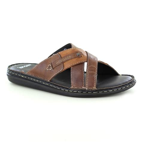 Ikon Newquay Mens Leather Cross Over Strap Slide Sandals - Brown/Tan